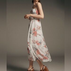 Anthropologie Sommerset Chiffon White Floral Strapless Midi Dress Size Medium